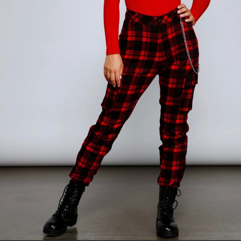 High Waist Plaid Joggers With Chain